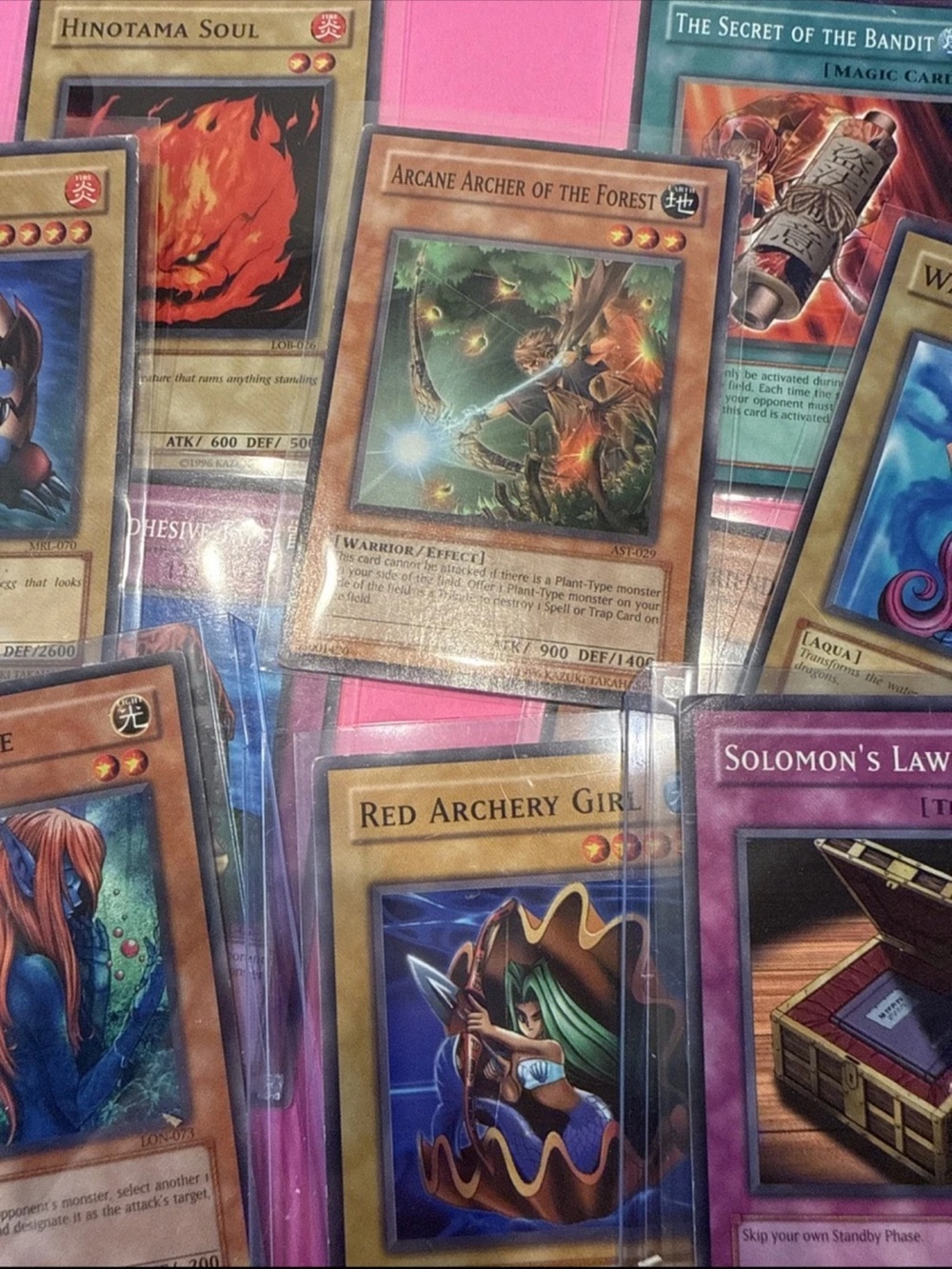 Lot of 10 1996 yu-gi-oh trading cards solomon’s law book, red archery girl,etc